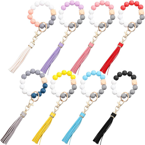 Misdary 8 Pcs Key Ring Bracelet with PU Leather Tassel Wood Bead Key Ring Cute Keychain Wristlet Elastic Beaded Bangle Chains Portable Car Keyring...