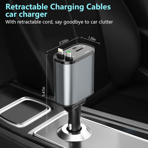 Retractable Car Charger, 4 in1 Fast Car Phone Charger 120W, 2.7Ft Retractable Cables and 4 Electronic Ports, Car Charger Compatible for iOS & Andr...