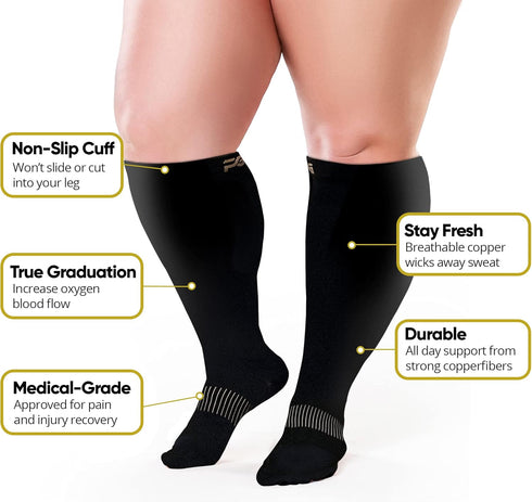 Plus Size Compression Socks Wide Calf- Copper Infused Graduated (Black, XXL)...