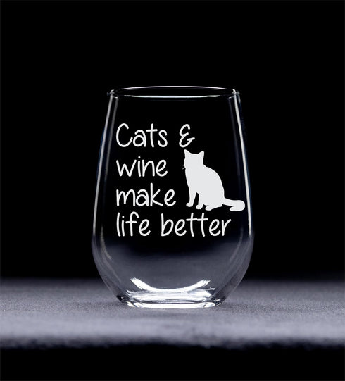 Cats and Wine Make Life Better Stemless Wine Glass - 17 oz - Funny Cat Lover Themed Gift for Men and Women...