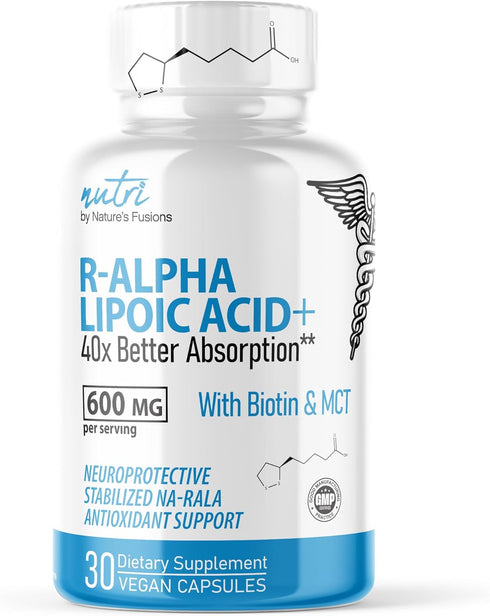 Nutri R Alpha Lipoic Acid 600mg Capsules - R Lipoic Acid Stabilized with Biotin - Active Form R-ALA - Clinical Dosage - Powerful Antioxidant and C...