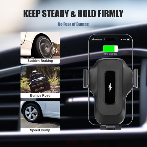 Wireless Car Charger, AMLINK 15W Qi Fast Charging Auto Clamping Car Charger Cell Phone Holder Mount Air Vent for iPhone 14 13 12 11 Pro Max, Samsu...