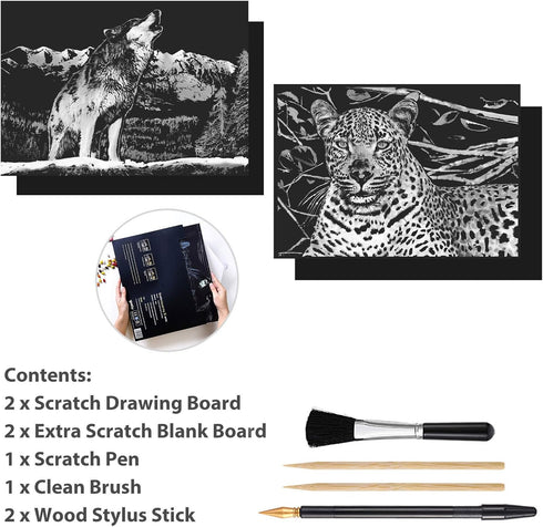 2 Pack Animal Scratch Art Rainbow Painting Paper, Engraving Art & Craft Sets, Creative foil Scratch Art Toys Gift, DIY Sketch Card Scratchboard fo...