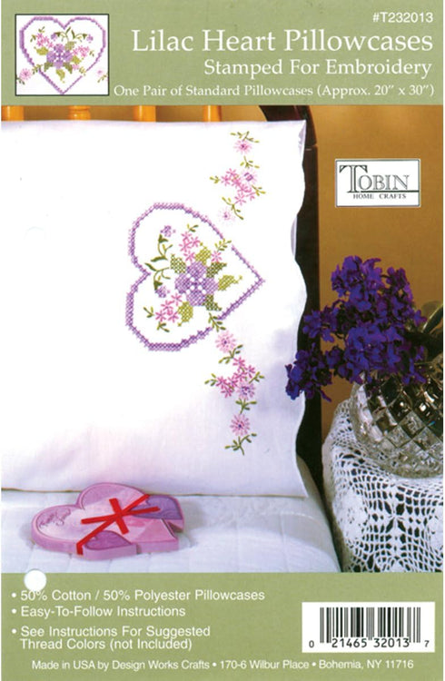 Tobin Stamped Pillowcases, Lilac Hearts, 20" x 30" Embroidery Kit...