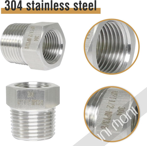 stainless steel reducer Hex bushing, 3/8 male to 1/4 female NPT thread reducing adapter for water line gas oil air hose fuel hydraulic pipe fittin...