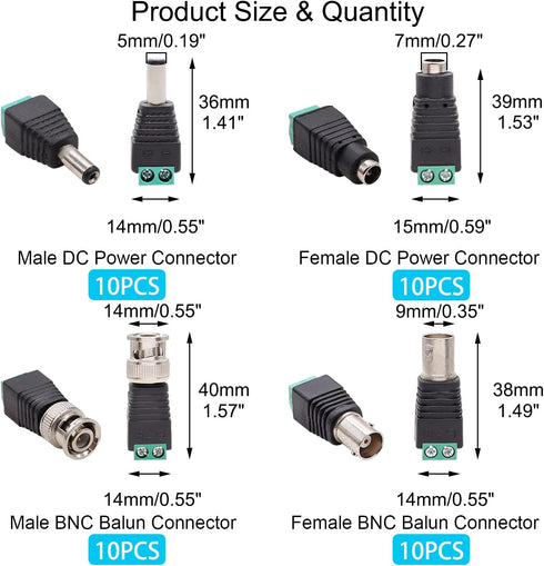 40PCS Male Female Power Connector DC 12V 5.5 x 2.1mm Power Jack Plug Adapter Barrel Connector, BNC Male Female Balun Connector for CCTV Coaxial Ca...