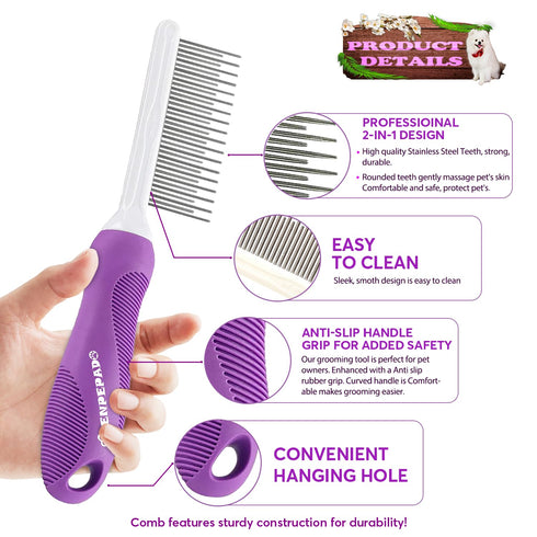 Grooming Comb for Dogs and Cats with Matted Hair, Detangling Pet Comb with Long and Short Stainless Steel Metal Fine Teeth for Removing Mats, Tang...