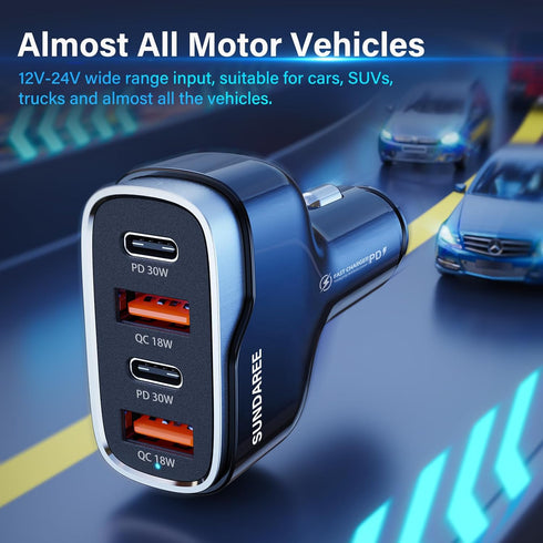 SUNDAREE Super Fast Car Charger, 60W USB Car Charger Multiport, USB C Cigarette Charger Compatible with iPhone 15 Pro Max Plus/14/13/12/11/X iPad ...