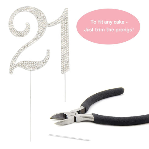 21 Cake Topper - Premium Silver Metal - 21st Birthday Party Sparkly Rhinestone Decoration Makes a Great Centerpiece - Now Protected in a Box...