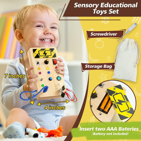Montessori Busy Board with 8 LED Light Switches, Travel Toys for Toddlers 1 2 3 Year Old, Wooden Sensory Toy for Kids Boys Girls Gifts, Toddlers A...