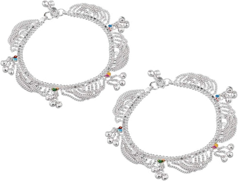 Efulgenz Silver Tone Indian Jewelry Anklets for Women Indian Bollywood Wedding Bridal Anklet Crystal Tassel Chain Bell Charms Anklet Set Bracelet ...