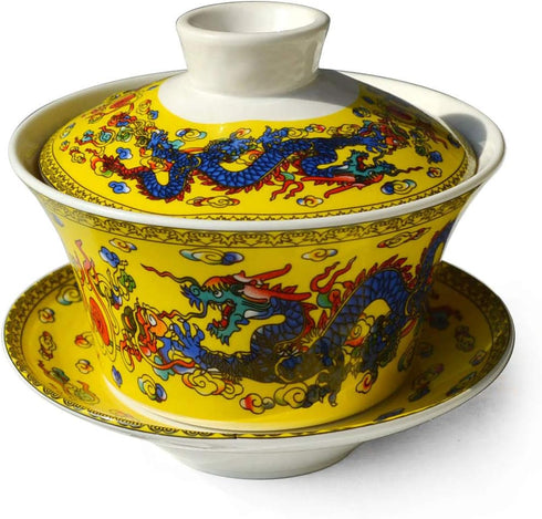 Gaiwan Teacup 7oz Chinese Dargon Sancai Cover Bowl Lip Saucer Set for Gongfu Tea (Yellow)...
