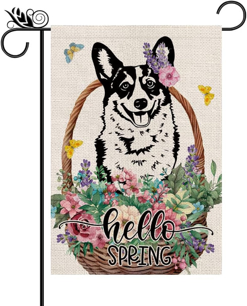 Spring Garden Flag Hello Spring Corgi Vertical Double Sided Flowers Butterfly Farmhouse Yard Lawn Outdoor Decor 12.5x18 Inch...