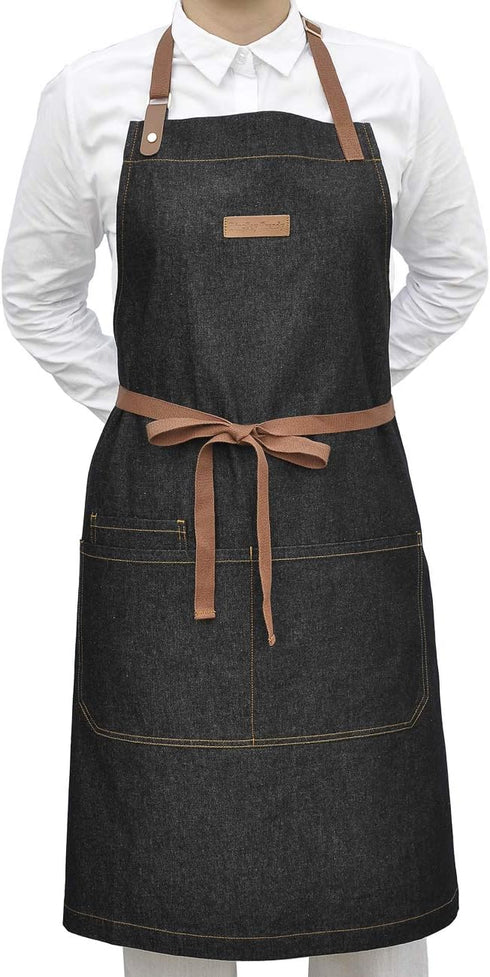 Denim Kitchen Apron with Pockets, Mens Womens Professional Chef Bib Apron for Cooking Grill BBQ Server...