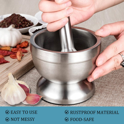 Stainless Steel Mortar and Pestle Set, Spices Grinder Pill Crusher with Silicone Protective Lid - Heavy Duty Mortar Pestle for Molcajete Herb Bowl...