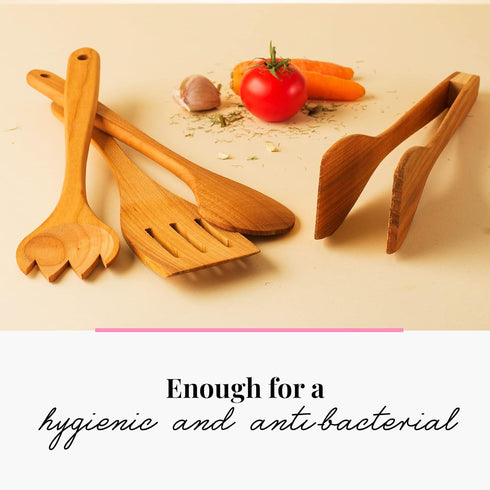 tuuli Kitchen - 4-Piece Wooden Cooking Utensils Set, Solid Cherry Wood (BBQ Tongs, Kitchen Spoon, Fork and Spatula), Durable Wooden Utensils for E...