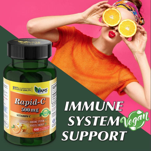 America Medic & Science Rapid-C 500mg Vitamin C Supplement (3 Pack of 100 Tablets) Energy Booster, Daily Immune System Support, Antioxidant | Vega...