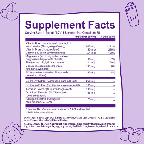 Immune Support Supplement - Immunity Defense Powder Wellness Booster - Vegan Superfood - Elderberry, Turmeric, Vitamin C Powder and B12 Supplement...