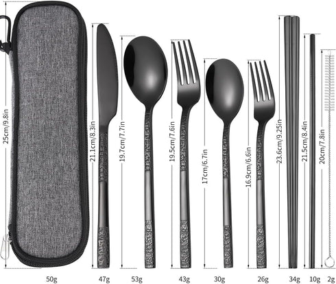 MURRI&MURRDI 8 Pieces Portable Reusable Cutlery Set,Travel Utensils Set with Case, Stainless Steel Flatware Set Including Knife Fork Spoon Chopsti...