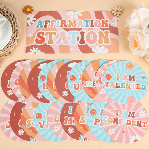 Hippie Affirmation Station Bulletin Board Set Groovy Positive Bulletin Board for Classroom Mirror Growth Mindset Decors Inspirational Motivational...