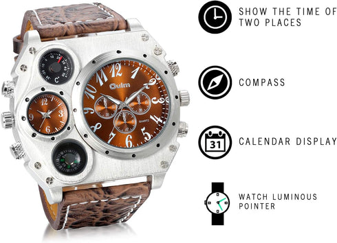 Lancardo Cool Watch for Men: Big Face Leather Strap Dual Time Zone Steampunk Wrist Watch Father's Day...