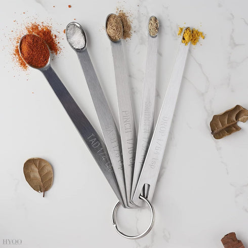 5 Pcs Mini Measuring Spoons Set - Stackable Design, 1/4, 1/8, 1/16, 1/32, 1/64 TSP Sizes, Flat Handle Metal Measuring Spoons Made of Durable Stain...