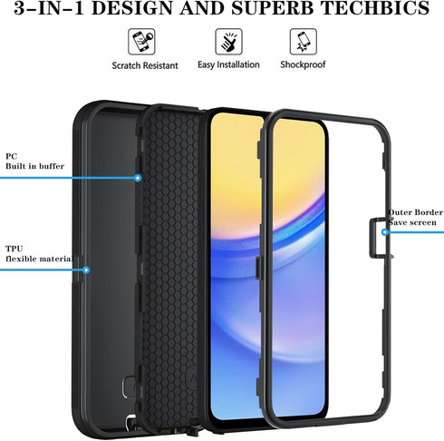 Qinmay Phone Case for Samsung Galaxy A15 5G Case with HD Screen Protector, Samsung A15 5G Case Durable Shockproof 3-Layer Cover for Galaxy A15 5G ...