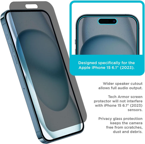 Tech Armor Privacy Screen Protector for iPhone 15 6.1 inch - Ballistic Tempered Glass, Anti-Spy, Case Friendly, Easy Installation, Bubble Free, To...