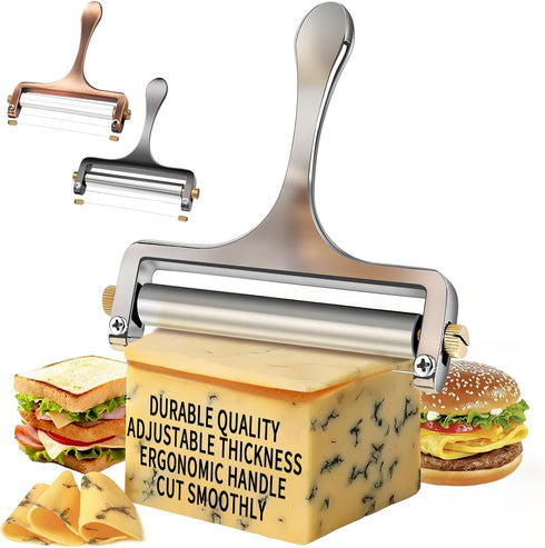 TOPULORS Wire Cheese Slicer Stainless Steel Handheld Cheese Cutter for Mozzarella, Cheddar, Gruyere - with 1 Extra Wire - Adjustable Thickness Che...