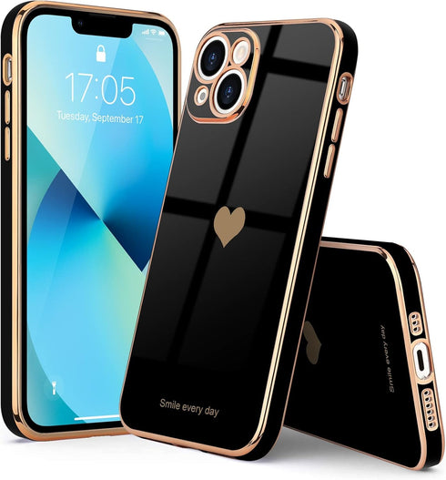 Teageo Compatible with iPhone 13 Case for Women Girl Cute Love-Heart Luxury Bling Plating Soft Back Cover Raised Full Camera Protection Bumper Sil...