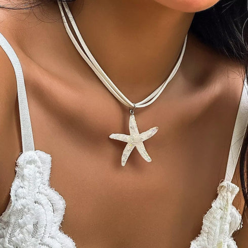 Blue Drop Starfish Necklace For Women Girls Boho Layered Starfish Pendant Choker White Velvet Necklace Summer Beach Necklaces Jewelry Gifts...