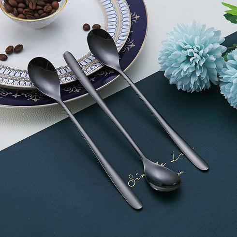 Black Long Handle Spoon, Coffee Stirrers, Premium Stainless Steel Ice Tea Spoons, Ice Cream Spoon, Cocktail Stirring Spoons, Set of 6 (Black)...
