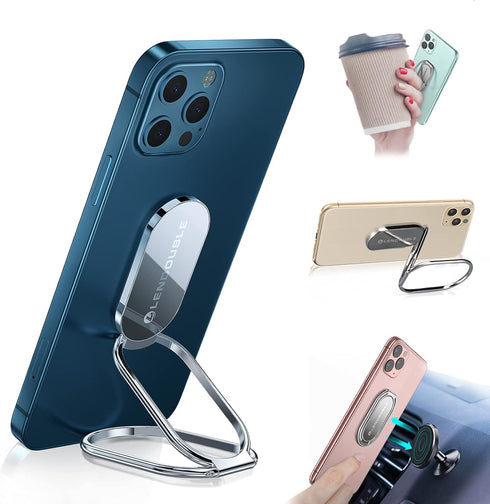 Foldable Cell Phone Stand for Desk, Adjustable Cellphone Ring Holder Finger Kickstand for Office Desktop & Magnetic Car Mount, Rotatable Multi-Ang...