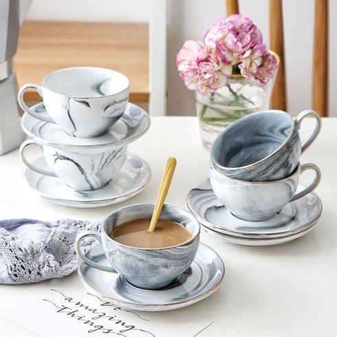 FUYU Gold Edge Marble Ceramic Espresso Coffee Cup and Saucer Set Tea Cup...
