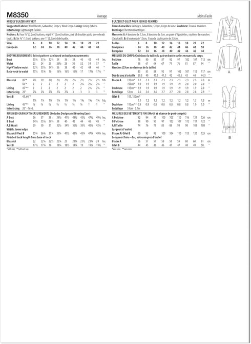 McCall's Misses' Blazer and Vest Sewing Pattern Kit by Melissa Watson, Design Code M8350, Sizes 14-16-18-20-22...