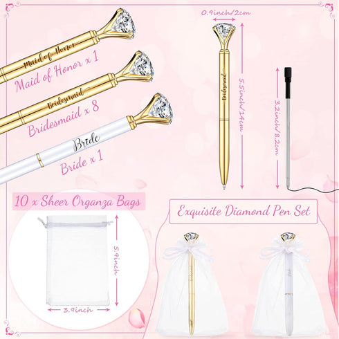 10 Pcs Bridal Shower Pens Bridesmaid Pens Diamond Pens with 10 Sheer Organza Bags Crystal Metal Ballpoint Pens Bling Pens for Wedding Party Favors...