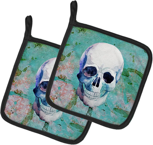 Caroline's Treasures BB5123PTHD Day of The Dead Teal Skull Pair of Pot Holders Kitchen Heat Resistant Pot Holders Sets Oven Hot Pads for Cooking B...