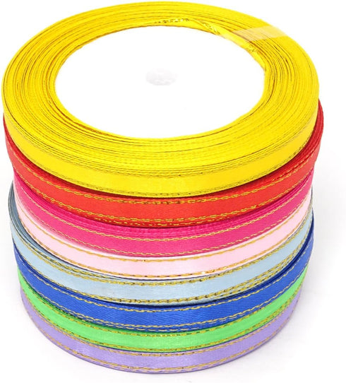 Honbay 8 Rolls 1/4 Inch 25 Yard/Roll Double Faced Satin Ribbons Fabric Ribbon with Golden Edges for Wedding, Birthdays, Baby Showers, Crafts Decor...