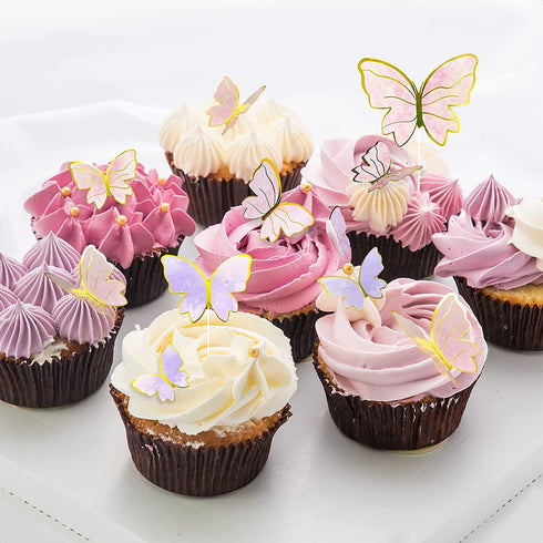 20PCS Gold Pink Purple Butterfly Cupcake Toppers - Handmade Cake Decorations for Girls Baby Shower Wedding Birthday Party Decor - Mixed Size...
