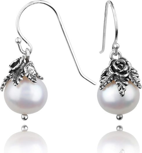 Paz Creations Sterling Silver Dangle Pearl Earrings with Floral Caps - Real Freshwater Ball-Shaped White Pearls - Elegant Drop Earrings Set - Clas...