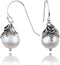 Paz Creations Sterling Silver Dangle Pearl Earrings with Floral Caps - Real Freshwater Ball-Shaped White Pearls - Elegant Drop Earrings Set - Clas...