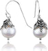 Paz Creations Sterling Silver Dangle Pearl Earrings with Floral Caps - Real Freshwater Ball-Shaped White Pearls - Elegant Drop Earrings Set - Clas...