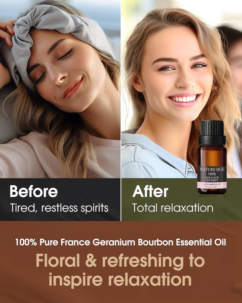 Geranium Bourbon Essential Oil - 10 mL (1/3 oz) - Pure, Natural, Therapeutic Grade - for Diffuser, Massage, Skin & Hair Care - Balancing and Uplif...