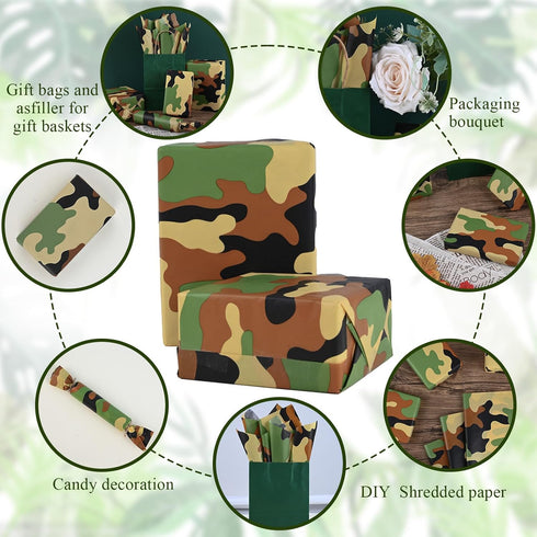 100 Sheets 20 * 14 Inches Camo Tissue Paper for Gift Wrapping, Green Black Camouflage Tissue Paper for Gift Bags for Birthday Camping Themed Party...
