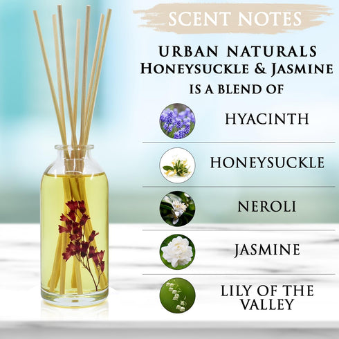 Urban Naturals Honeysuckle & Jasmine Reed Diffuser Oil Scented Sticks Set– Hyacinth, Cassis, Neroli & Geranium | Long Lasting Air Freshener for Th...