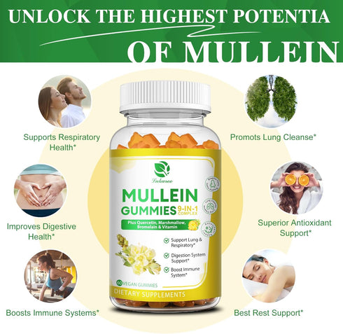 (2 Pack) 9 in 1 Mullein Gummies for Lung Cleanse, Extra Strength 10000MG(10:1 Extract) Mullein Leaf Extract w/Quercetin, Bromelain, Elderberry & M...