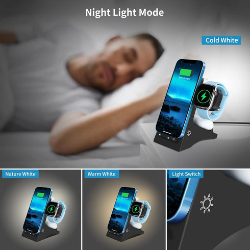 Wireless Charger, 4 in 1 Fast Wireless Charging Station with Night Light, Compatible with iPhone 14, Compatible with Samsung Galaxy Series, Chargi...