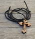 Certified Bethlehem Made Wooden Cross (Olive Wood) Budded Cross Pendant on Black Cord Necklace in Natural Cotton Pouch - 24" Adjustable Wood Cross...