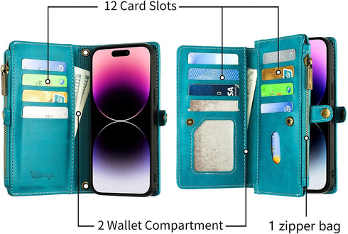 MInCYB for iPhone 12 Pro Max Wallet Case with Card Holder (12 Card Slots) - PU Leather Case for Women & Men, Wireless Charging, Detachable Magneti...