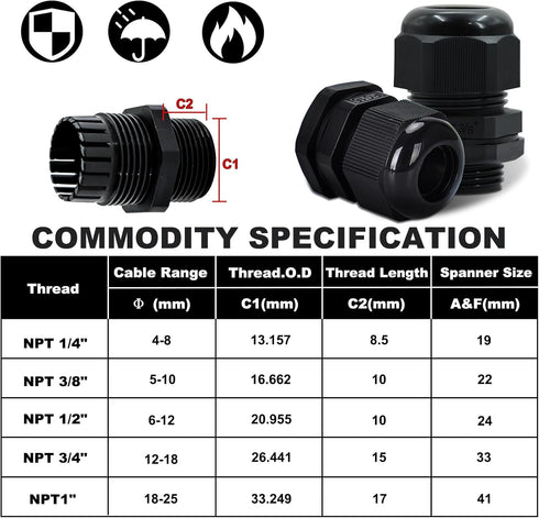 12 Pcs 3/4" Black NPT Cable Glands IP68 Waterproof Connectors for Electrical Box Nylon Cord Grip Strain Relief...